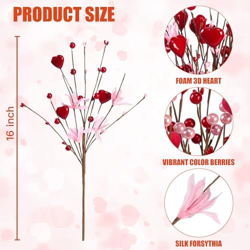 Valentine’s Day Gifts 12 Pcs Heart Shaped Berry Picks Artificial Red Heart Berry Twigs Forsythia Stem Branches with Pink Flowers for Valentine’s Day Anniversary Flower Bouquets Wedding Home Decor