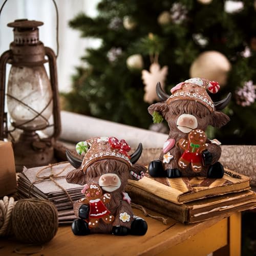 Karenhi 2 Pcs Highland Cow Figurines Resin, Gingerbread Christmas Decor