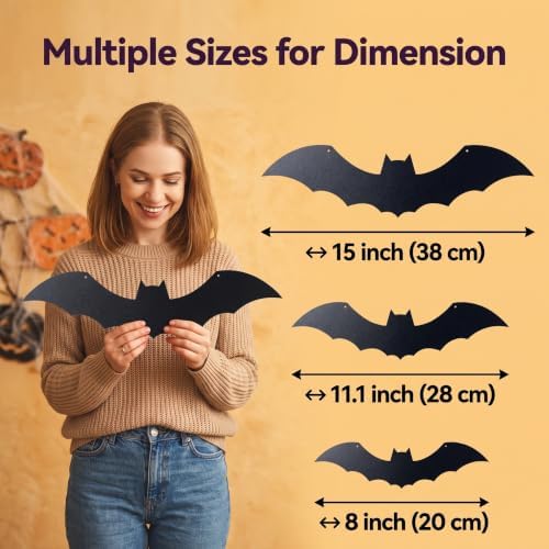 18 PCS Halloween Bat Decorations Outdoor, Black Bat Yard Signs with Glow in The Dark Eyes Stickers, Hanging Halloween Decorations for Lawn, Yard, Trees, Garden, Outdoor Halloween Decor