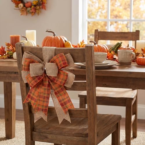 Fall Bows for Wreaths, 9.4 x 11.8 Inch Orange Burlap and Wired Plaid Ribbon, Handmade Autumn Wreath Bow for Mailbox Lantern Tree Topper, Thanksgiving Harvest Door Decor