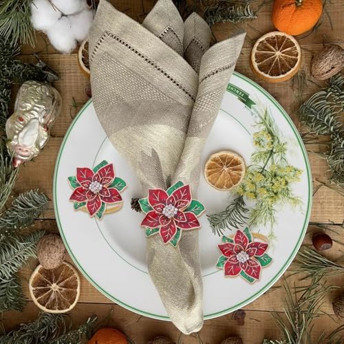 Christmas Napkin Rings Set of 12,Poinsettia Flower Napkin Rings Christmas Holders Metal Napkin Buckle for Wedding Party Birthday Table Decoration Dinning