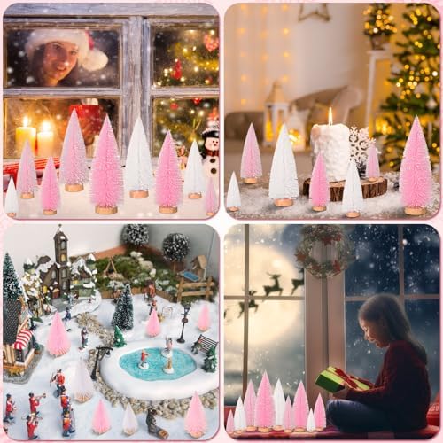 Leyndo 18 Pcs Pink Classic Artificial Mini Christmas Tree with Wood Base