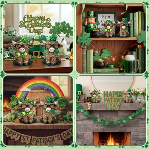 Simgoing 2 Pack St Patrick's Day Highland Cow Figurines Irish Shamrocks Gnomes Resin Leprechaun Green Highland Cow Statue Scottish Calf Lovers Gifts Table Decor for Home Office Garden Kitchen