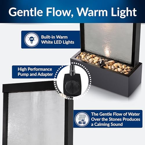 Alpine Corporation MLT170S 48" Indoor Outdoor Waterfall Fountain with LED Light Modern Glass & Aluminum Black Wall