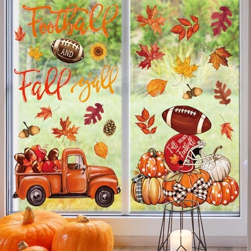 Whaline 6 Sheet Fall Football Window Clings Fall Y'all Reusable Window Decals Maple Leaves Pumpkin Truck Glass Sticker for Autumn Thanksgiving School Office Supplies Home Decor