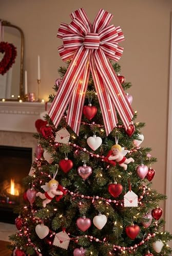 Red White Striped Wreath Bow for Front Door, 20.87 x 11.42 Inch Large Premade Valentine's Day Holiday Bows, Valentines 4th July Decorate