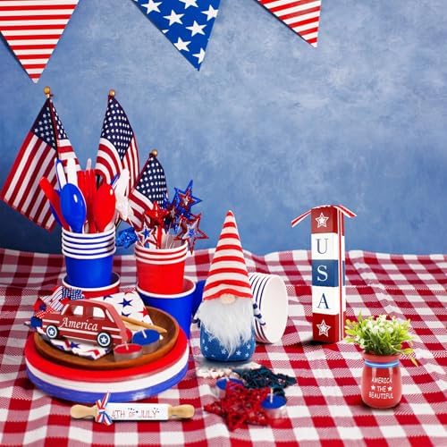 4th of July Decorations 8 Pcs Patriotic Tiered Tray Decor Set