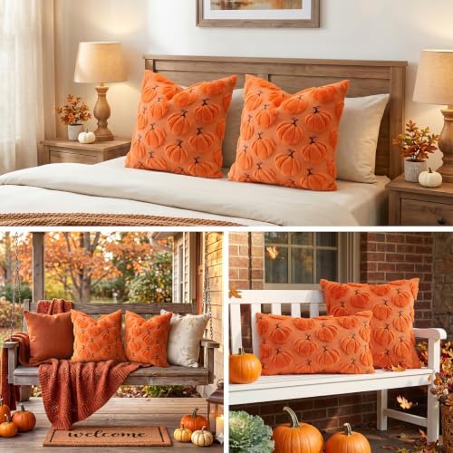 Artscope Pumpkin Fall Throw Pillow Covers 20x20 Set of 2, Autumn Soft Plush Faux Fur Decoration Cushion Covers for Thanksgiving Holiday Couch Sofa Bedroom Home Decor-Orange