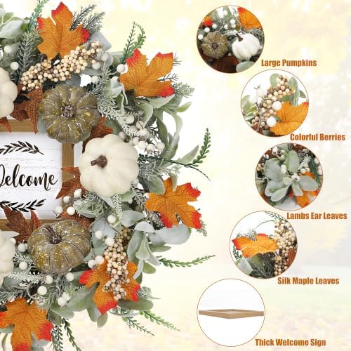 Sggvecsy Fall Wreath 23’’ Autumn Front Door Wreath Harvest Wreath with Welcome Sign Pumpkins Maple Leaves Lambs Ear Pine Needles for Outside Indoor Wall Festival Thanksgiving Autumn Decor