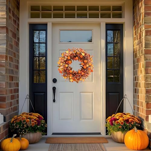 Fall Wreath 22 Inch Fall Wreaths for Front Door Autumn Pumpkin Wreaths with Orange Eucalyptus Leaves and Berries for Indoor Outdoor Thanksgiving Harvest Festival Celebrations