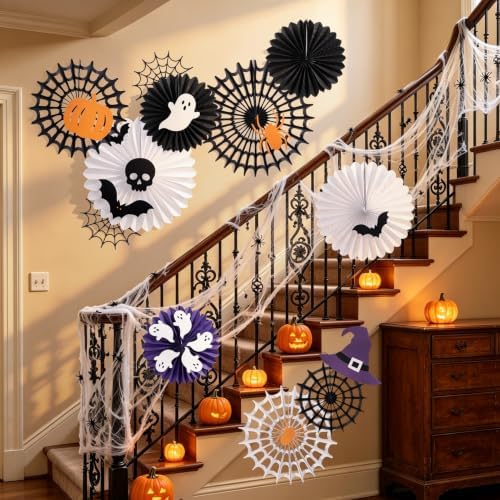 SUNBEAUTY Halloween Decorations Hanging Spider Web Paper Fan Spiderweb Pumpkin Ghost Bat Wall Stickers Black White Orange Halloween Party Decor Indoor Outdoor Scary Home Haunted Party Supplies