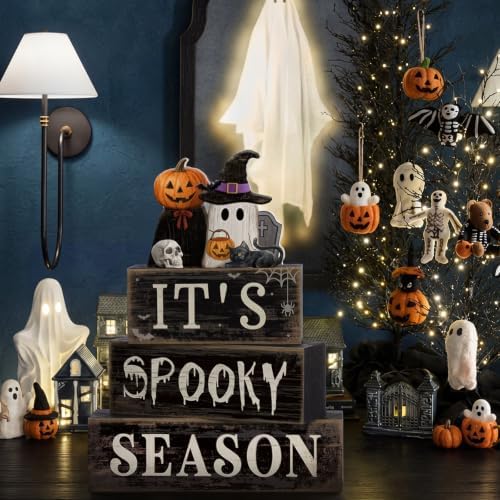 Moucuny 4 Pcs Halloween Table Decor Pumpkin Ghost Wood Stacked Block Decor