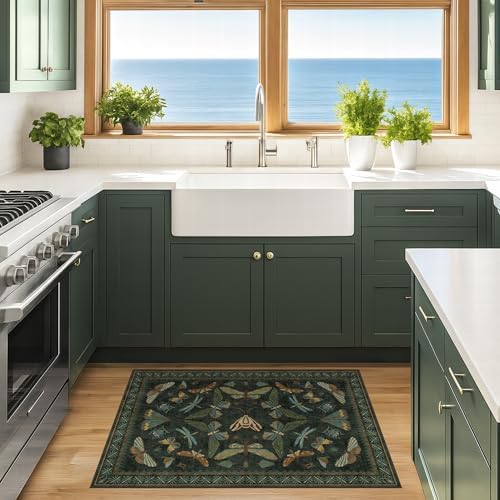 Washable 2x4 Rug Runner, Small Runners for Entryway Indoor, Kitchen, Bathroom, Dark Green Insect Boho Design, Non Slip