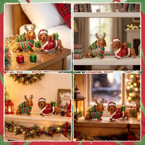 Simgoing 2 Pcs Christmas Figurines Table Decoration Dachshund Resin Statue