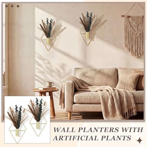 Jexine 2 Pcs Hanging Artificial Planters Wall Decor, Golden, Pampas