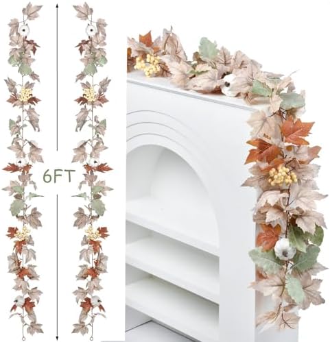 DearHouse 2 Pack Fall Garland Maple Leaf, 5.9Ft/Piece Hanging Vine Garlands Artificial Autumn Foliage Garland Thanksgiving Decor for Home Wedding Fireplace Party Christmas (White&Green)