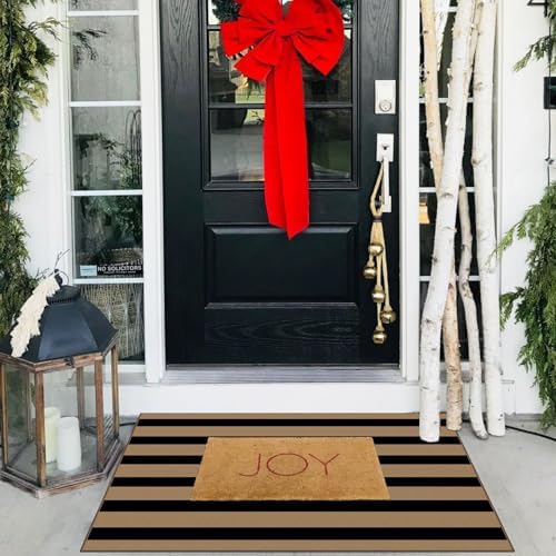 Front Door Mat Indoor Outside Entrance 2x3 Black Tan Striped Rug