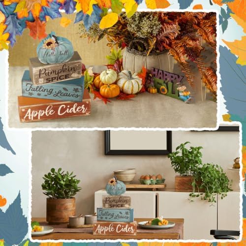 4 Pcs Fall Teal Decor for Home Fall Pumpkin Wooden Sign with Sunflower