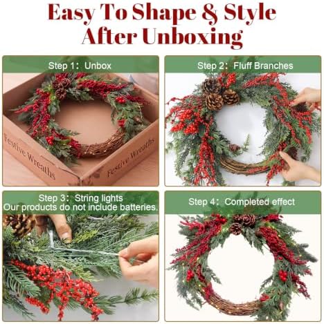 Yinder 20 Inch Christmas Wreath with LED Lights Red Berry Rattan