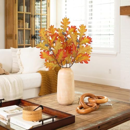 5 Pcs Fake Fall Oak Leaves Stems 19.6” Artificial Autumn Foliage Branches