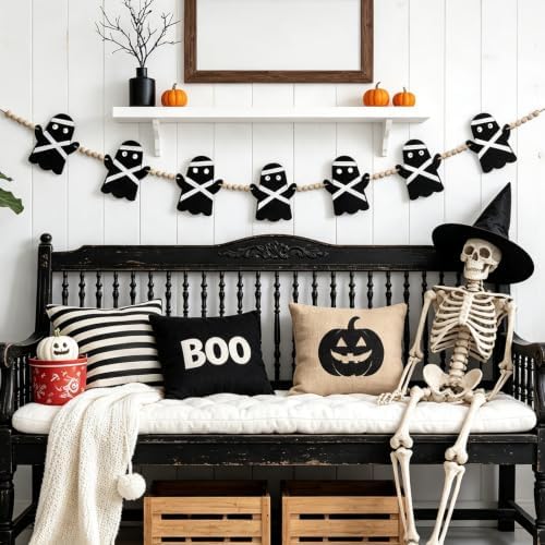 GreenD Halloween Garland Ghost Garland Banner Cute Handmade Black Felt Wood Beads Adjustable Hanging 9.84FT Fireplace Wall Table Window Indoor Outdoor Home Party Decor Supplies