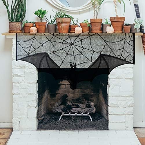 ZeeDix 2 Pcs Halloween Lace Bat Curtains Black Spiderweb Window Curtain