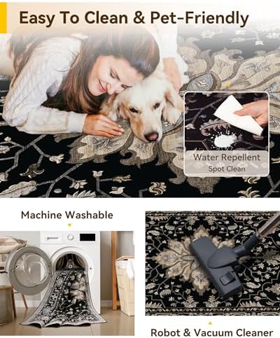 RELEANY Washable Area Rug, 4'x6', Black/Neutral
