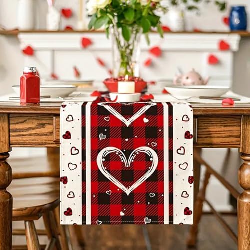 Niviy Plaid Love Hearts Valentines Table Runner 13 x 60 Inch, Wedding Seasonal Holiday Anniversary Decoration for Indoor Home Party