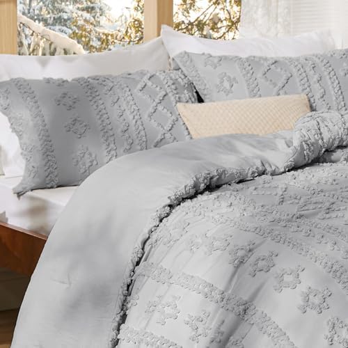 Bedsure Tufted Boho Comforter Set Twin Size - Light Grey Boho Bed Set, GentleSoft™ 2 Pieces Farmhouse-Style Embroidery