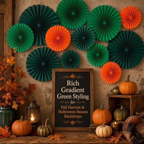 Paper Round Fan Set (12 Pcs) - 8/10/12/14 Inch Grass Green, Dark Green, Orange Hanging Paper Fans for Graduation, Birthday, Sports Party, Classroom, Baseball Party, Shop Window Decor