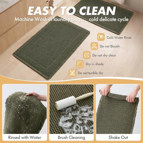 MIULEE Set of 2 Waffle Bathroom Rugs Boho Bath Mat Green 17"x24"+17"x48"