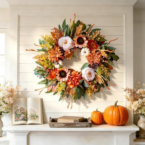 24 Inch Harvest Fall Wreaths for Front Door Outside with Sunflowers,Peony