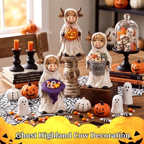 3 Pcs Halloween Highland Cow Figurines, Ghost with Pumpkin Decor
