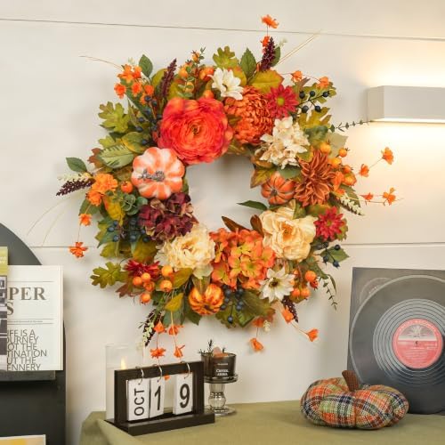 Fall Wreaths for Front Door 24 Inch Autumn Rustic Harvest Pumpkin Wreath