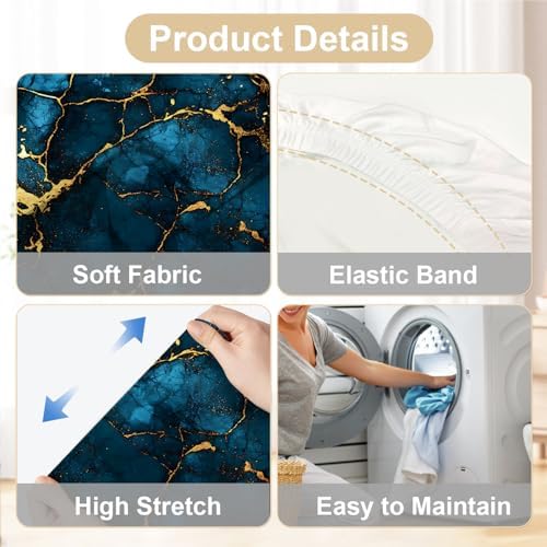 Luxury Marble Chair Covers for Dining Room – Stretch Blue and Gold Abstract Pattern Slipcovers – Modern Washable Seat Protector for Kitchen, Banquet, Office Decor, Set of 6