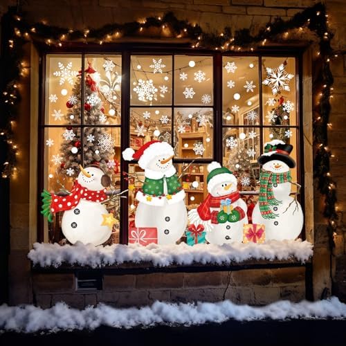 128 PCS Large Christmas Window Clings Snowman Snowflake Stcikers for Christmas Window Decorations