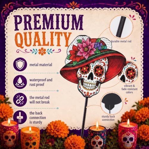 Chunful 4 Pcs Day of The Dead Decorative Garden Stake Sugar Skull Halloween