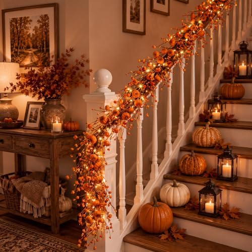 Wavwavw 5 ft Fall Garland with Lights Artificial Pumpkin and Berry Garland