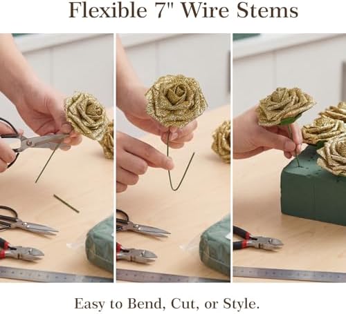 30PCS Gold Glitter Artificial Roses with Stems, Real Touch Foam Flowers