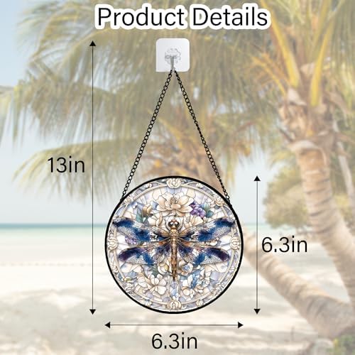 Dragonfly White Florals Stained Glass Window Hanging Suncatcher Gifts 6.3"