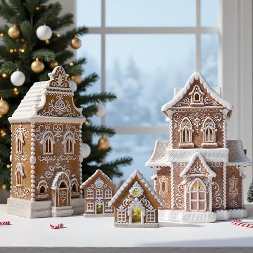 Braxio Indoor Christmas Decorations Gingerbread House Kit 2PCS with LED Light - 3 Inch Miniature Resin Houses for Indoor Home Decor, Family Room Aesthetic