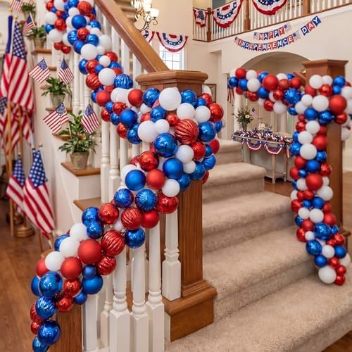 Suncalla 6ft Patriotic Red White Blue Ball Garland 4th of July Garland 250th Anniversary Glitter Red White Blue Bead Hanging Ornament Banner for Independence Day Table Wall Decoration Supplies