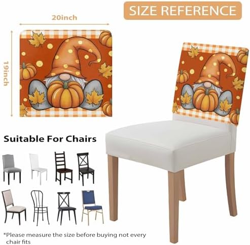 Fall Chair Covers Set of 6 Pumpkin Gnome Chair Slipcover Protector Removable Stretch Chair Covers Maple Leaf Orange Buffalo Plaid Thanksgiving Chair Back Covers for Dining Chairs Kitchen Holiday Party