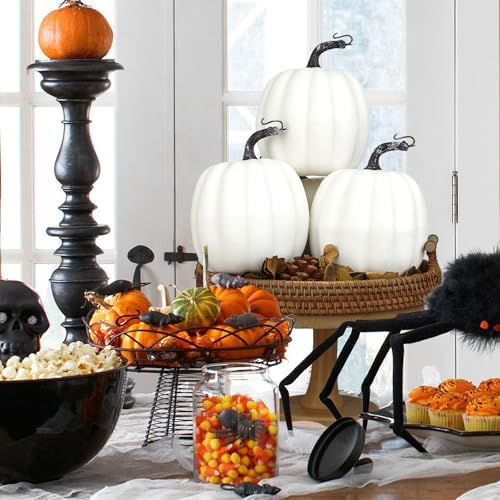 Artmag 6 Inch Large Artificial Pumpkins, 4PCS Big White Faux Foam Harvest Pumpkins for Fall Autumn Thanksgiving Seasonal Holiday Decor