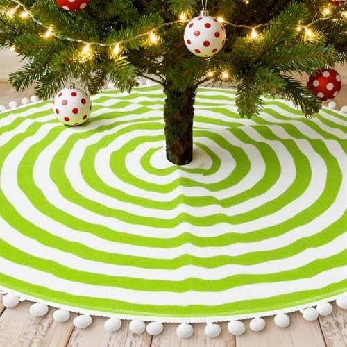 30 Inch Green and White Christmas Tree Skirt with Pom Poms