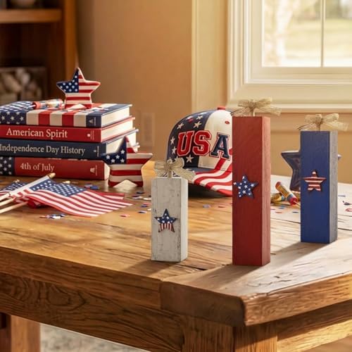 Smile Wooden Patriotic Star Decor Blocks - 3-Piece Red, White, Blue Distressed Design, Tabletop Shelf Accents for 4th of July & American Holiday Decoration