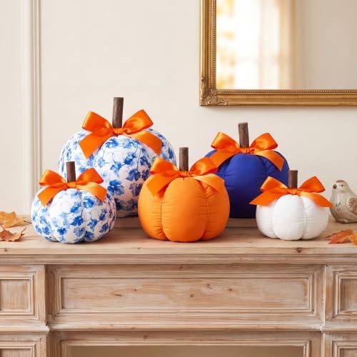 Amyhill 5 Pcs Chinoiserie Fall Pumpkins Decor, Blue White Orange Pumpkins
