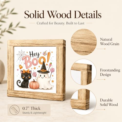 Halloween Wooden Sign, Hey Boo Ghost Witch and Black Cat Tabletop Decor