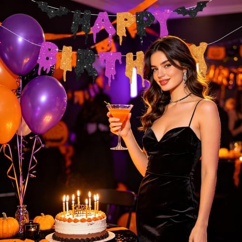 Glitter Happy Birthday Halloween Banner - NO DIY - Halloween Hanging Paper Garland Bunting Banner Decorations, Party Supplies for Kids Boy Girl Birthday Black Purple Orange
