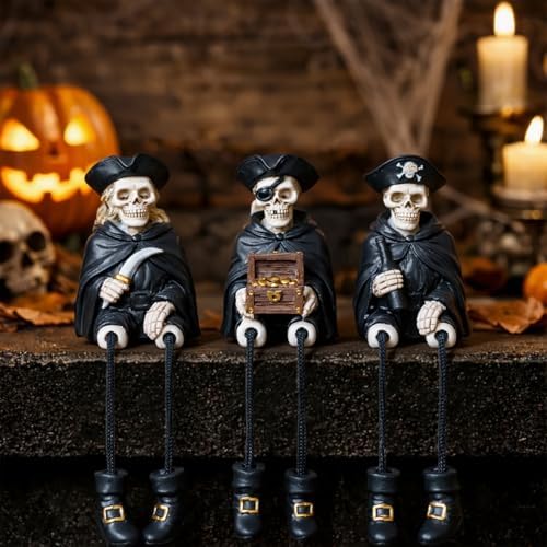 Dlfghos Halloween Skeleton Decor Set of 3 Pirate Skeleton Figurines Halloween Indoor Decorations Statue Skull Figurine Home Decor for Coffee Table Desk Bookshelf Mantel Gifts